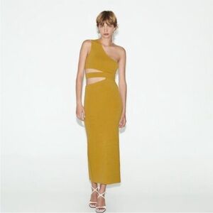Zara one shoulder cut out knit dress in mustard yellow NWT size S